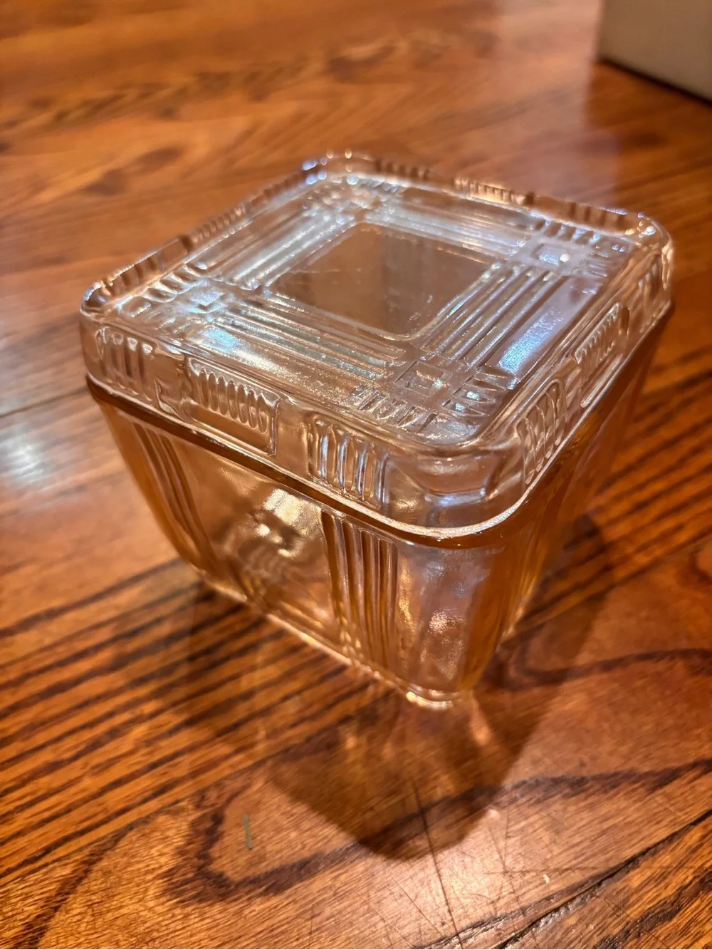 Vintage Hazel Atlas 4” Square Pink Criss Cross Refrigerator Dish with Lid